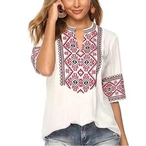 Elegant White Top with Red Embroidery